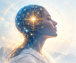 Luminous neural human profile looking toward the assessment text