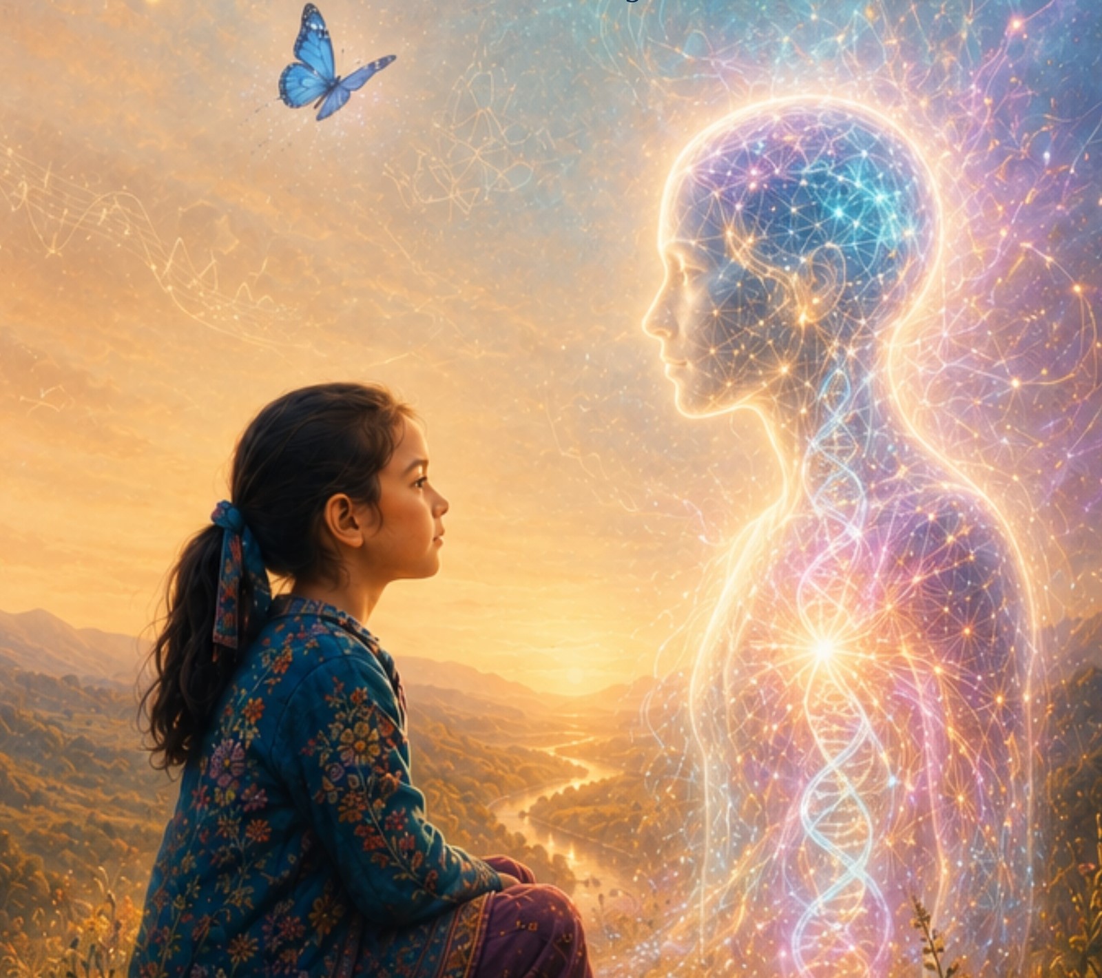 Young learner encountering a luminous integrated human form
